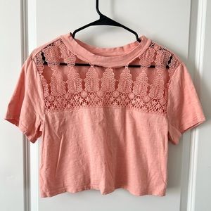 rue21, Peach / Coral, Short Sleeve, Crop Top, Crochet Neckline, Cut Out, M